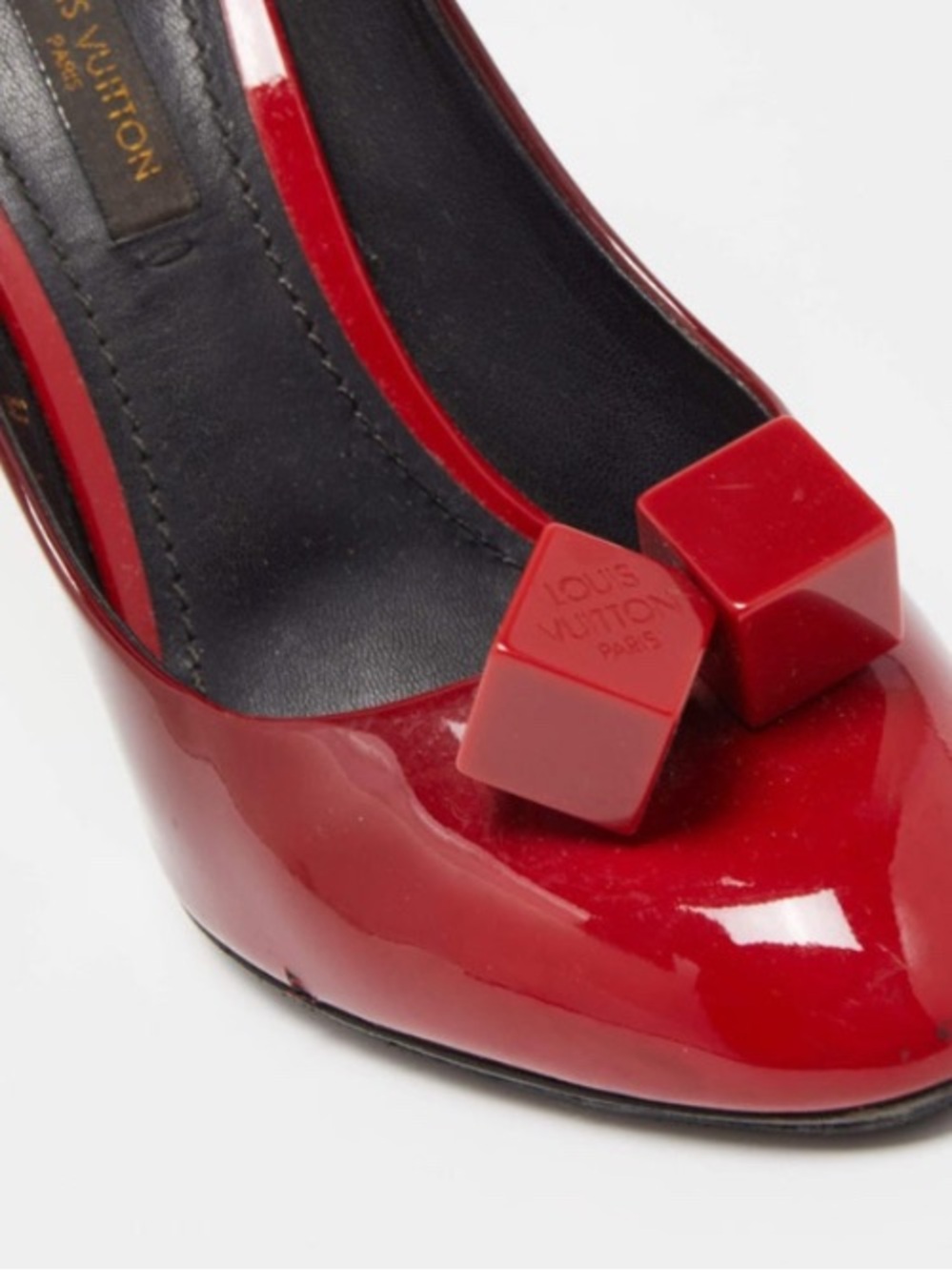 Louis Vuitton Red and Black Patent High Heel Pump with Geometric Bow - Picture 3 of 3